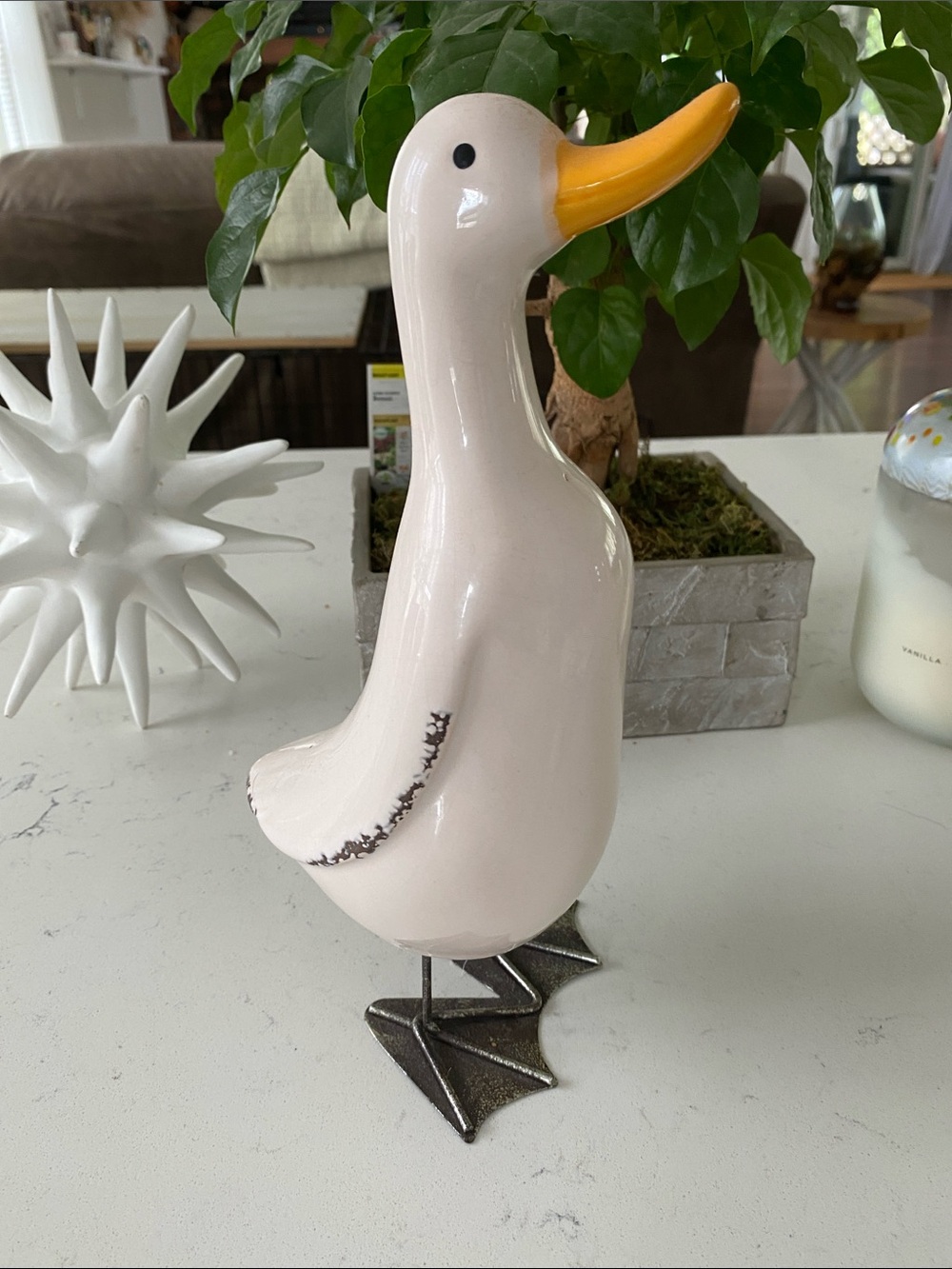 Ceramic Duck Figurine in Cream with Yellow Beak - Decorative Home Art